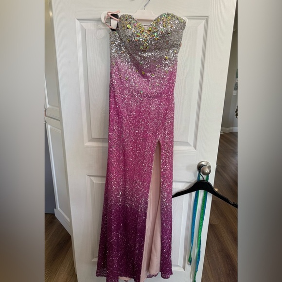Y2K Mori Lee Ombré Pink Silver Bodycon Rhinestone Formal Gown Dress Strapless 6 - Picture 1 of 8